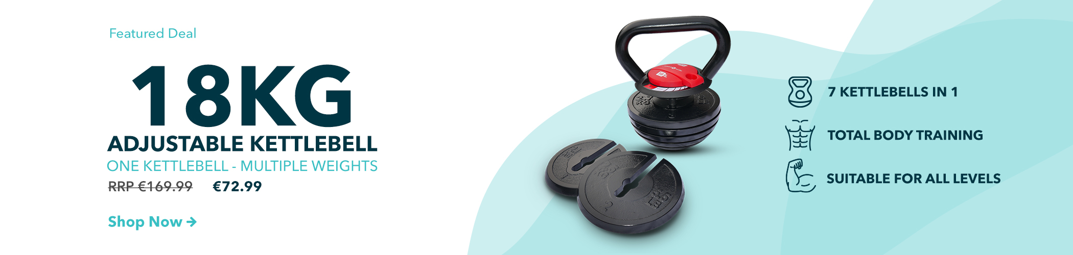 Adjustable kettlebell 18KG with multiple weights category banner for desktop with pricing
