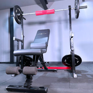 Weight lifting bench, squat rack, weight plates and Barbell with barbell pad