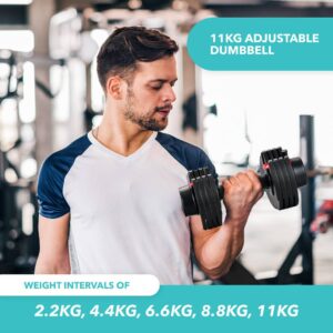 Man exercising with Adjustable Dumbbells and text showing 5 weights one dumbbell