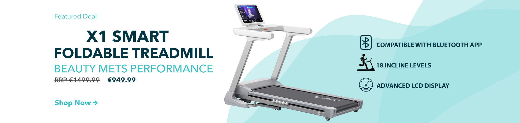 X1 Smart Folding Treadmill category banner for desktop with pricing