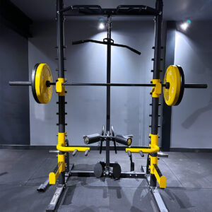 Yellow Home Gym Squat Rack with Barbell, Weight Plates, Lat Pulldown, Row