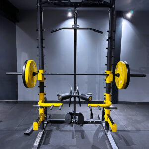 Yellow Home Gym Squat Rack with Barbell, Weight Plates, Lat Pulldown, Row