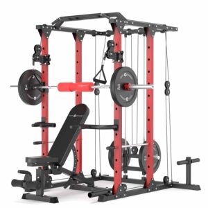 Squat Rack with Weight Bench, Weight Plates, Barbell and Cable Machine