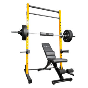 Quarter Rack Home Gym Bundle - Weightlifting - Olympic Plates - 7ft 20kg Barbell - P1400 Foldable Bench