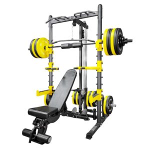 Home Gym Rack with Weight Plates, Barbell, Lat Pull Down, Weight Bench, Dip Bars & Spotter Arms