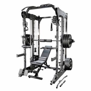 Squat Rack with Cable Pulleys, Pull-Up Bars, Dip Bars, Weight Bench and Olympic Bumper Plates