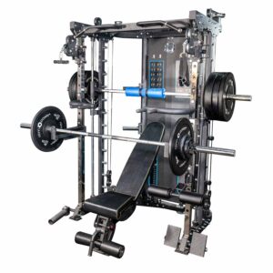 Multigym with Olympic Barbell, weight plates, weight bench and weight stack