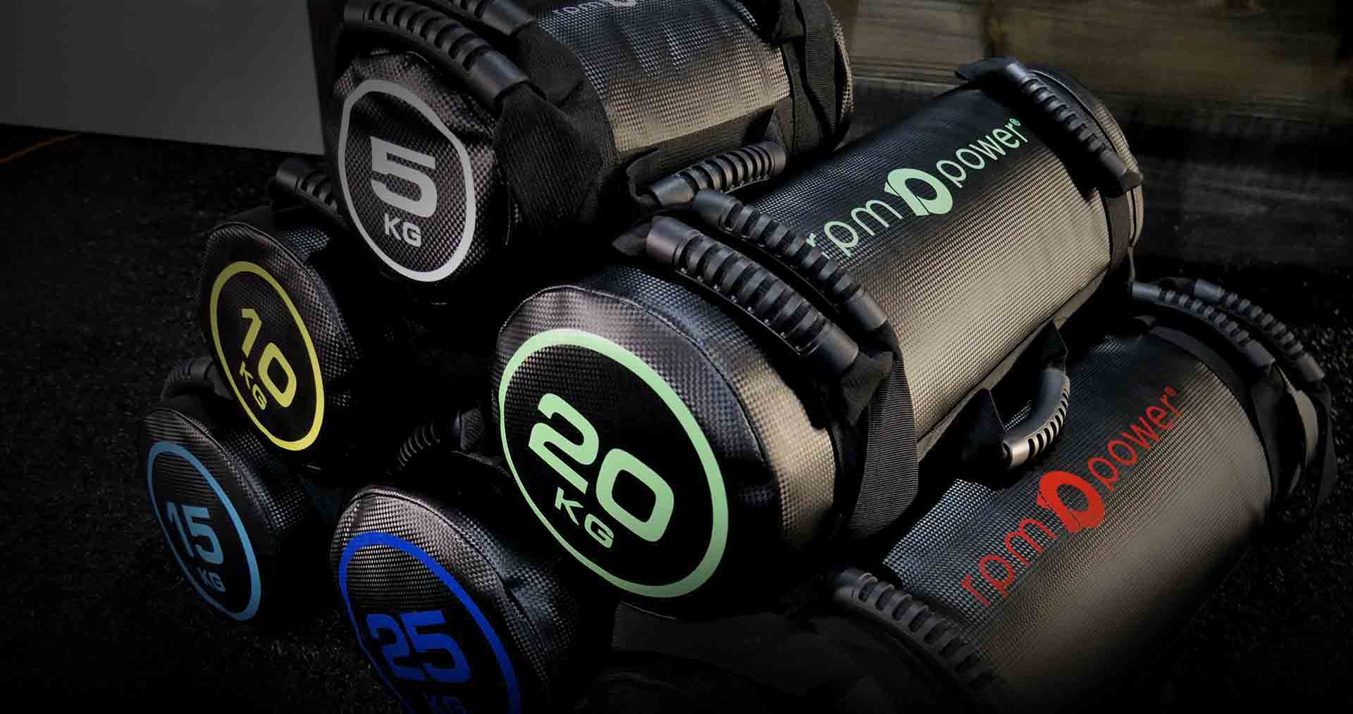 Close up of RPM Power weighted sandbags of different colours and sizes