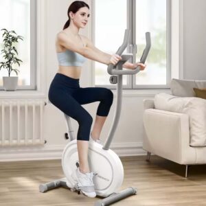 Woman on indoor exercise bike