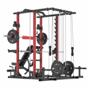 Red Rack V2 With Smith Rail, Weight Bench, Weight Plates, Barbell and Cable Attachments